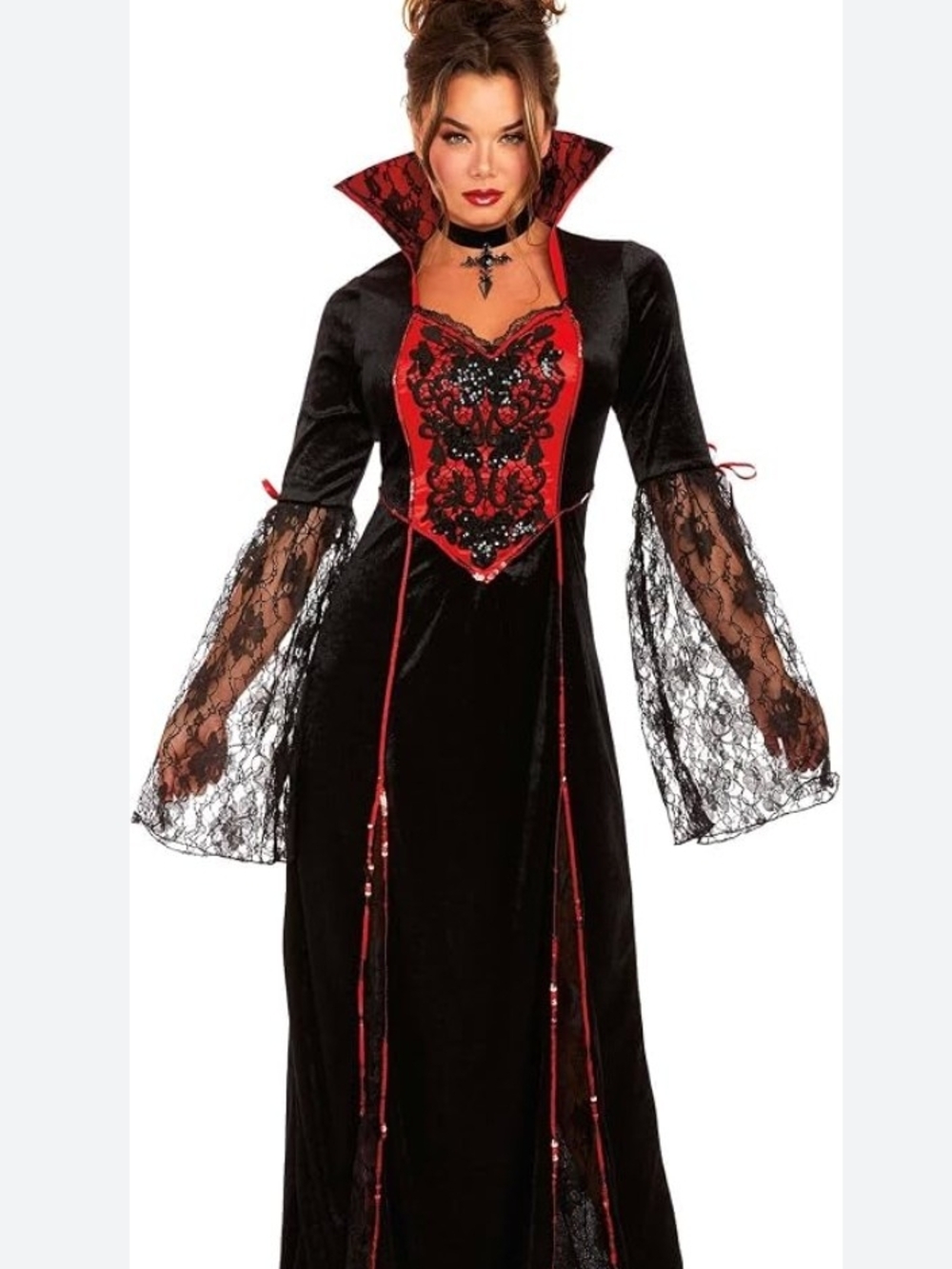 Dreamgirl-Halloween Black Velvet Vampire Adult Gown with Lace Red Brocade Accent